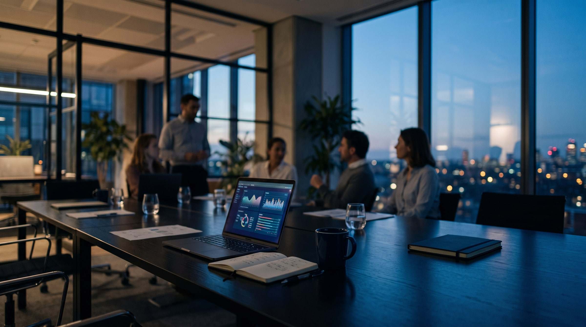 Besprechungstisch in einem modernen Büro am Abend