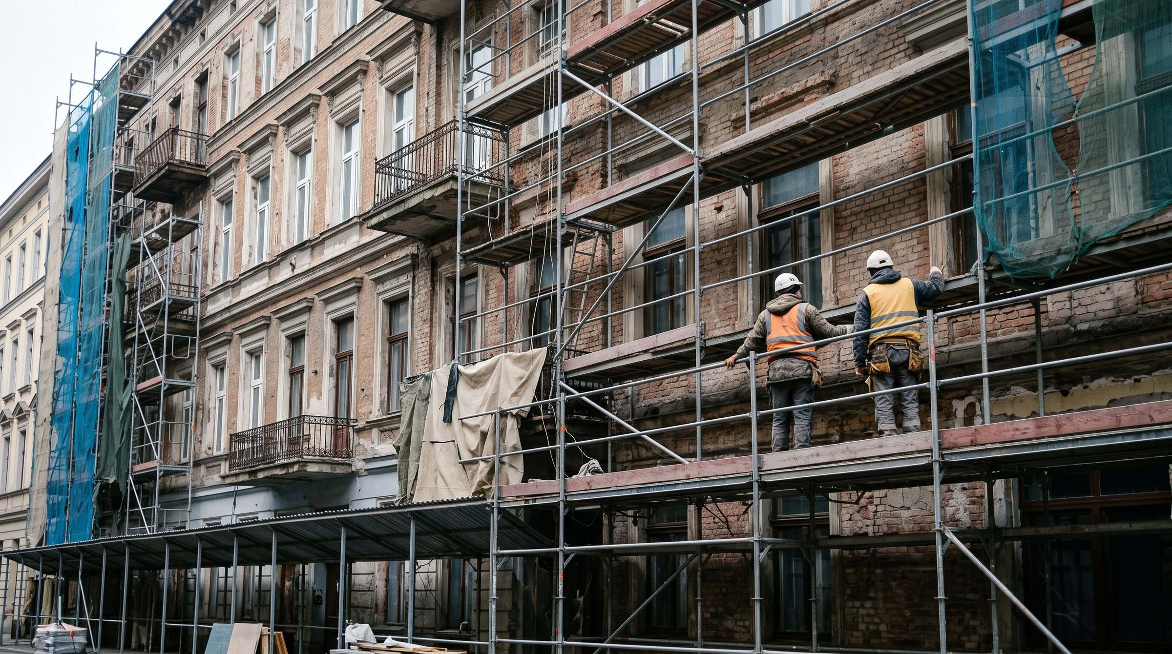 Altbaufassade mit Gerüst während der Sanierung, zwei Handwerker von hinten