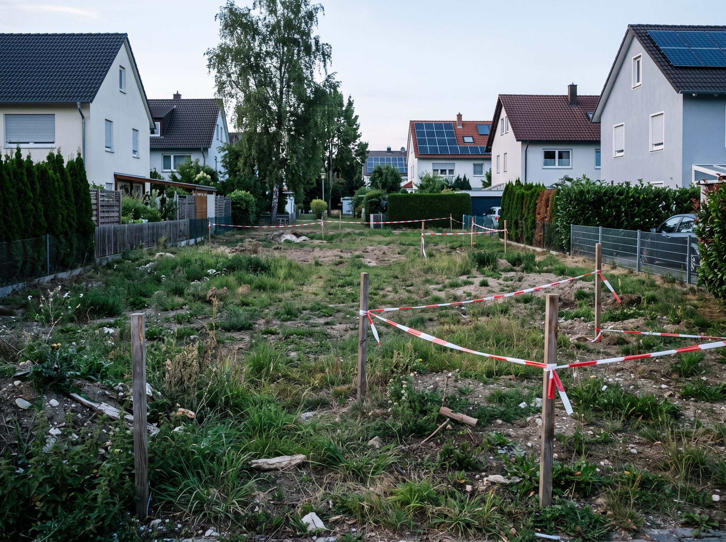 Unbebautes Baugrundstück mit Absperrband in einem Wohngebiet