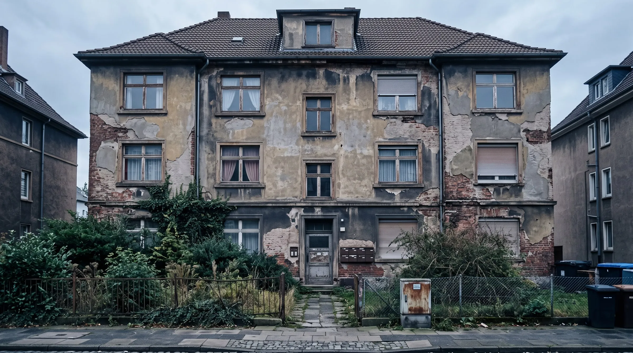Mehrfamilienhaus vor der Sanierung mit bröckelnder Fassade