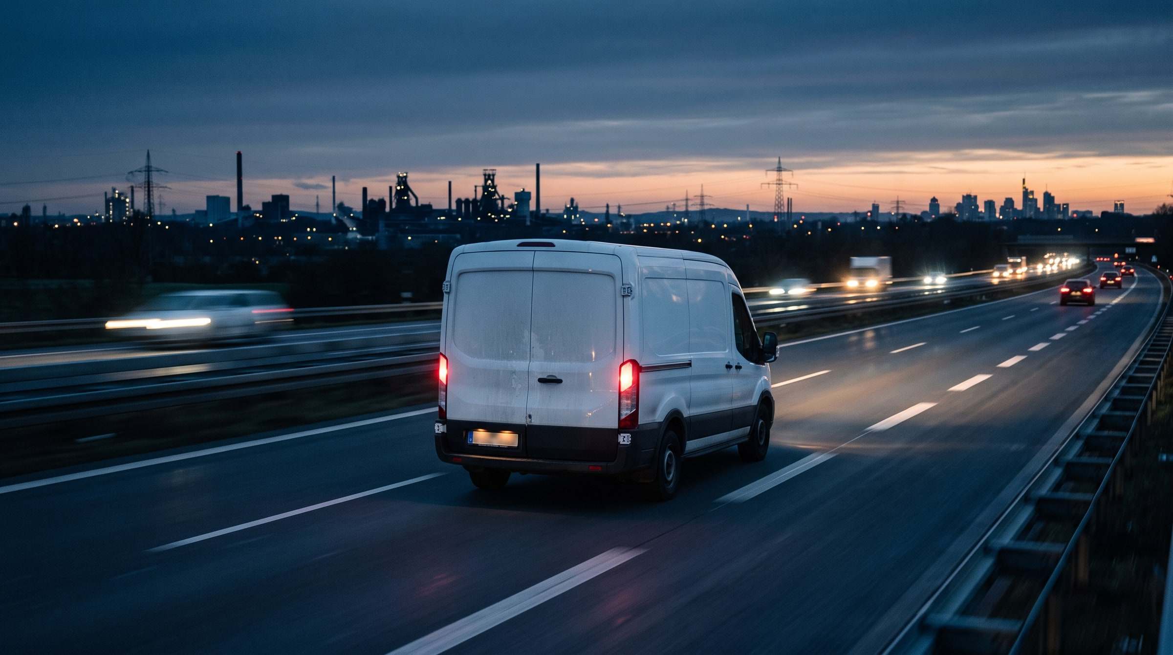 Transporter auf der Autobahn in der Abenddämmerung